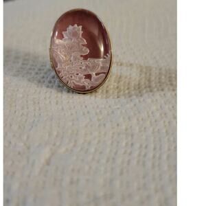 Colleen Lopez Ring Bronze 7.5 Lotus Flower Intaglio Oval Cab